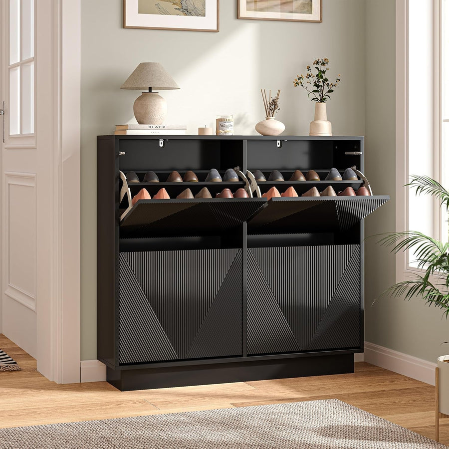 Slim Black Shoe Cabinet | 4 Flip Drawers, Anti-Tip, 99cm Wide Storage Unit