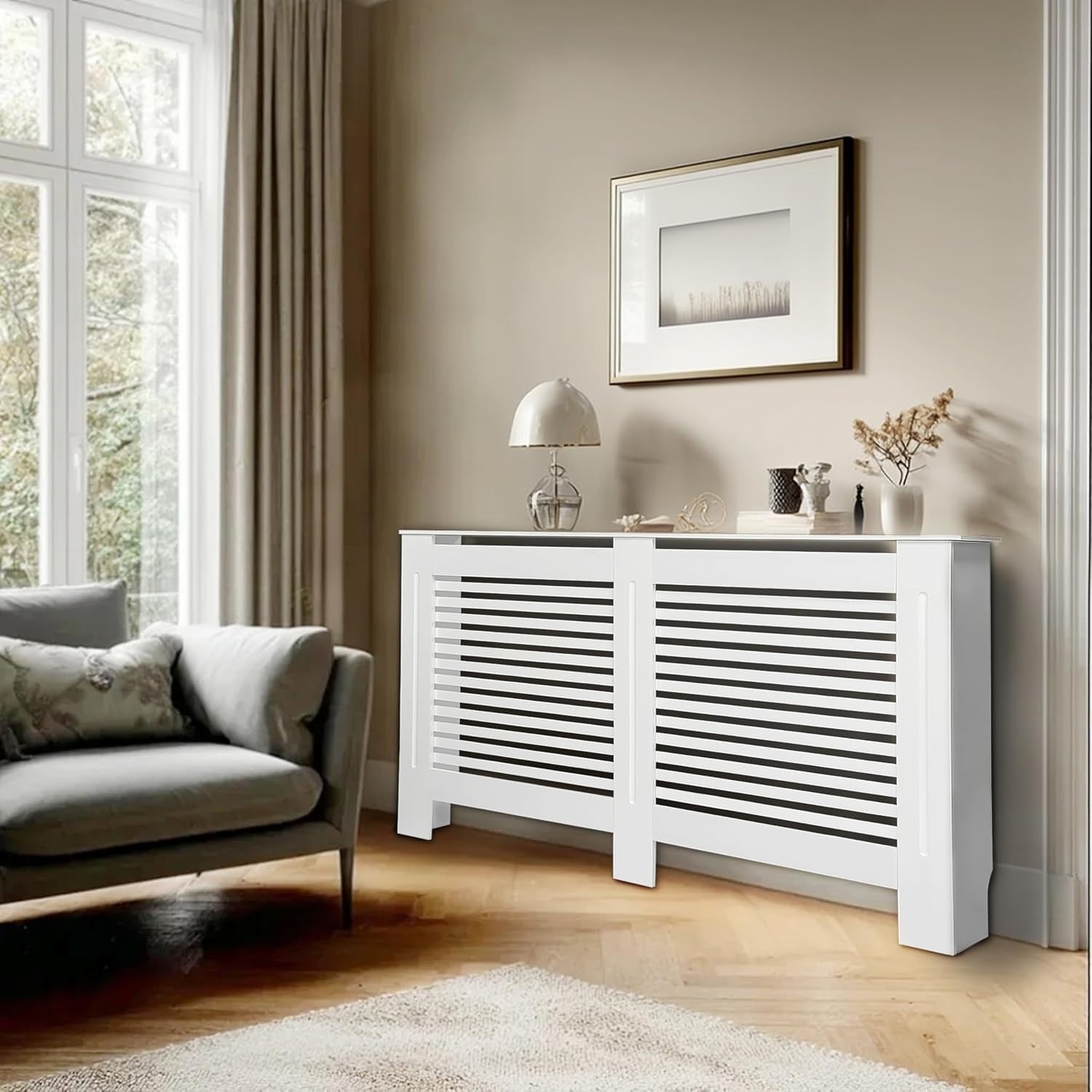 Extra Large White Radiator Cover Cabinet 92cm Tall MDF Horizontal Heater Cover