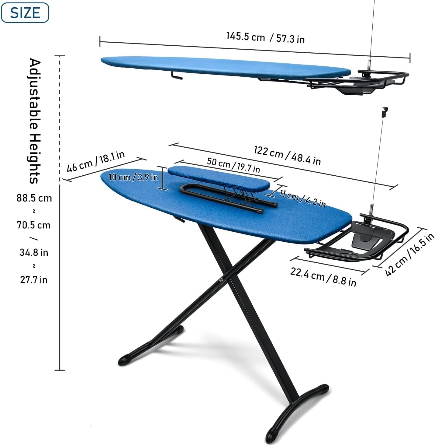 Extra Wide Ironing Board with Sleeve Board Adjustable Height Foldable Blue