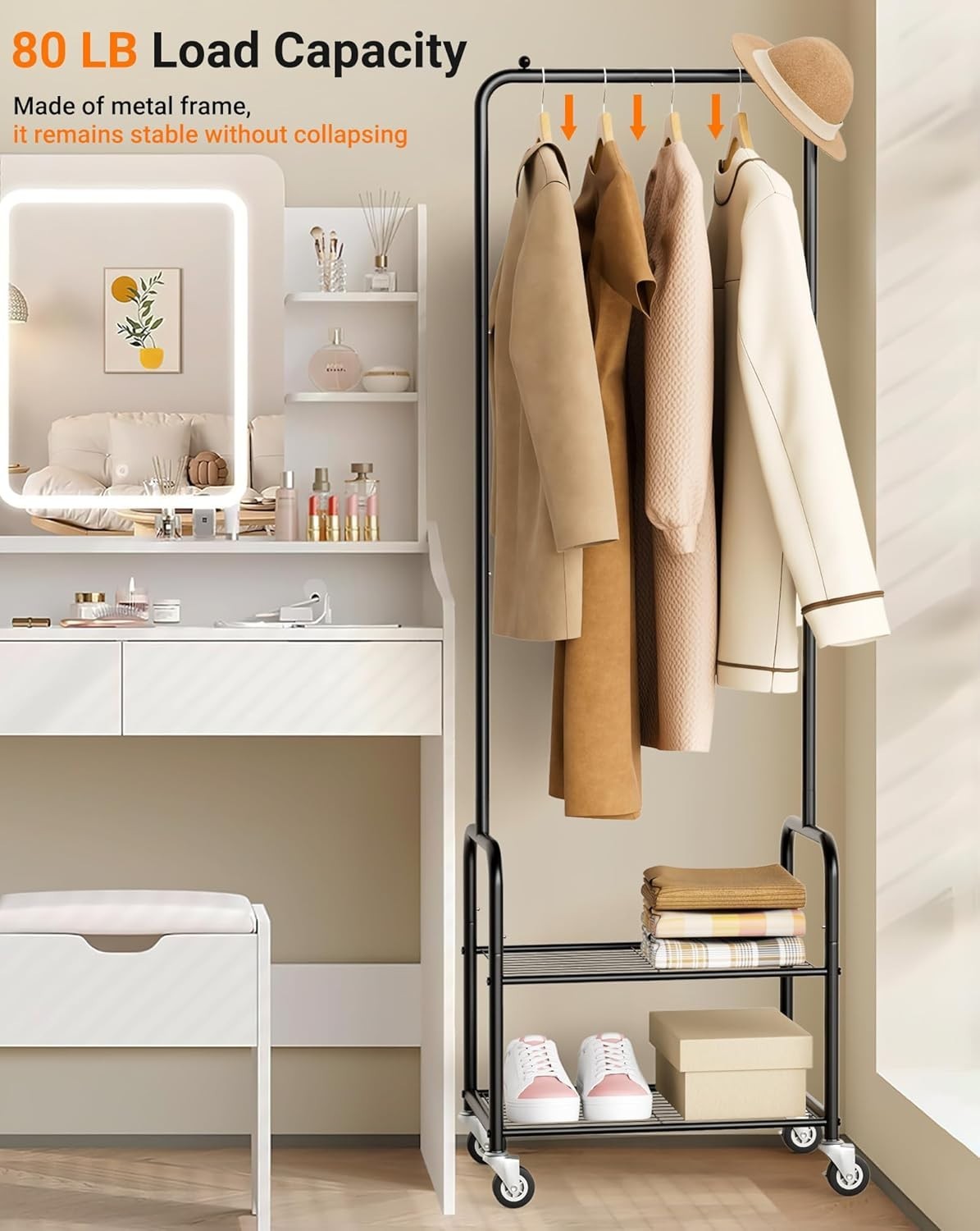 Small Clothes Rack with Shelves Rolling Metal Garment Rail Black