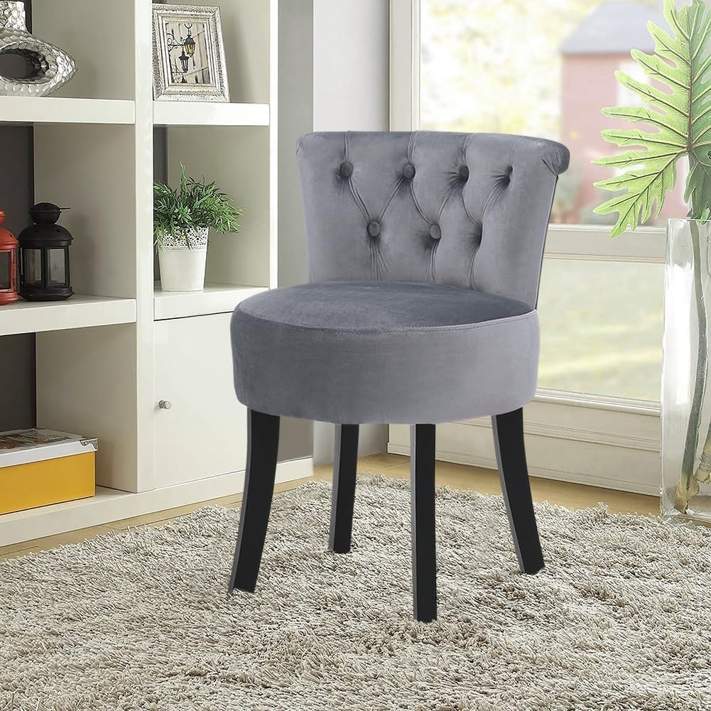 Grey Velvet High-Back Vanity Stool with Wooden Legs – Comfy Dressing Chair