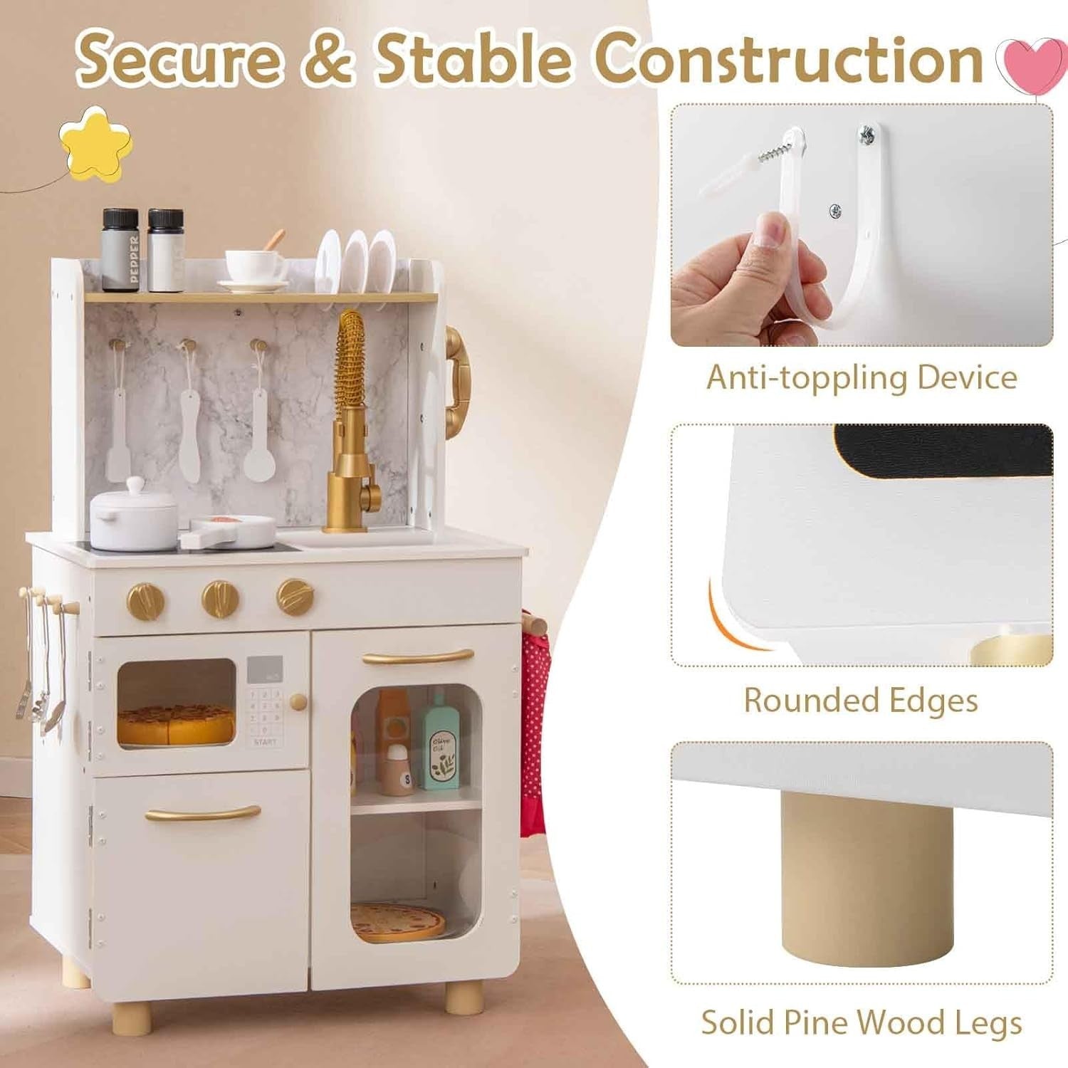 Wooden Kids Play Kitchen White Toy Set Microwave Oven Telephone