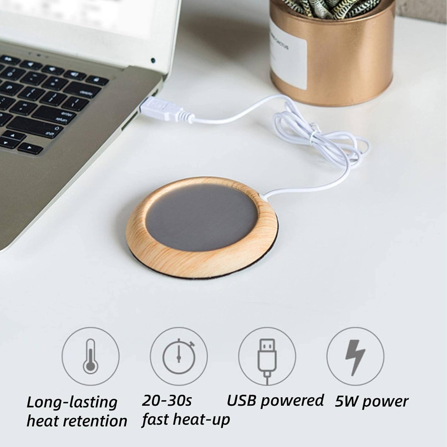 USB Cup Warmer Plate Light Wood Grain Desk Mug Heater