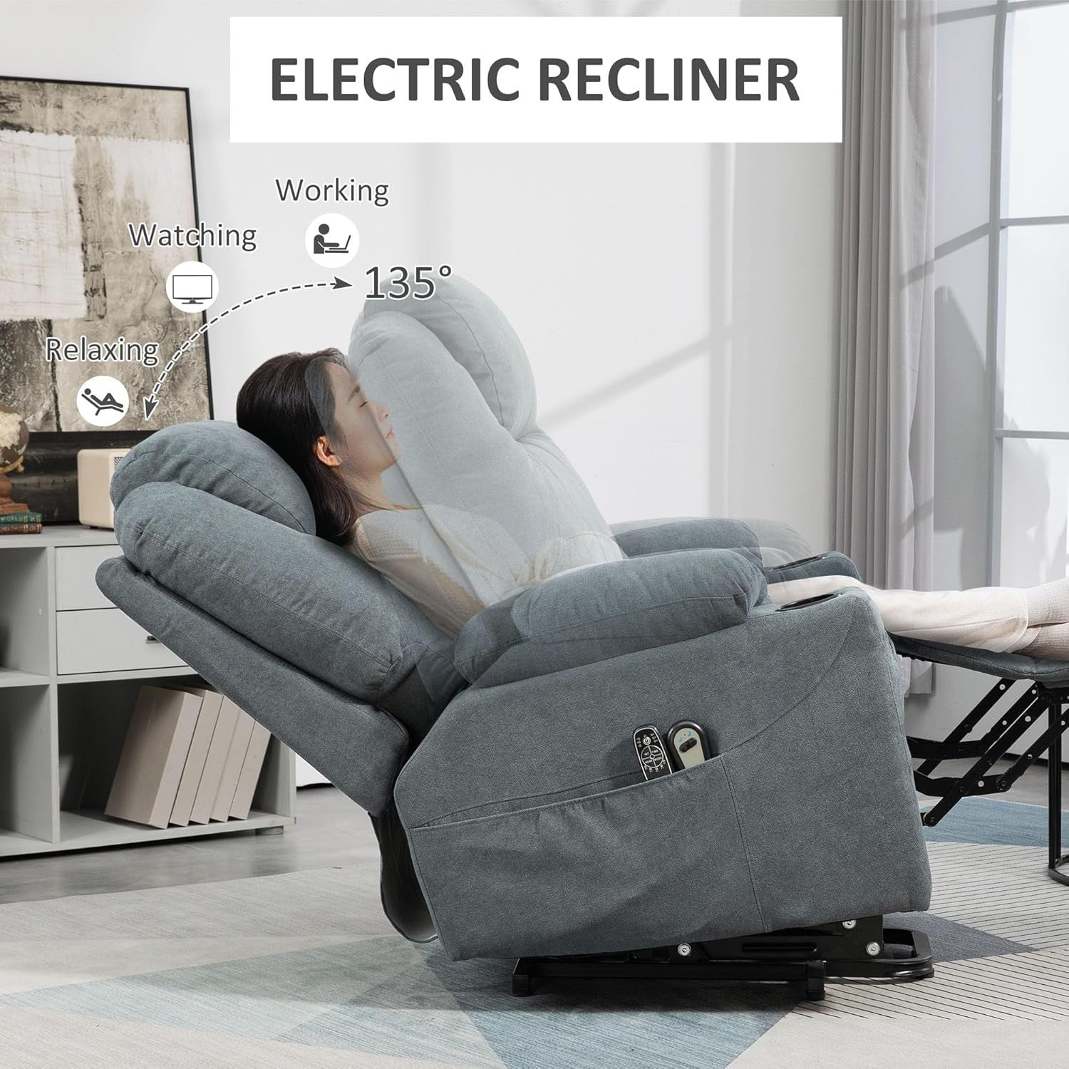 Charcoal Grey Riser Recliner Chair Massage Heat Lift Armchair with Cup Holders