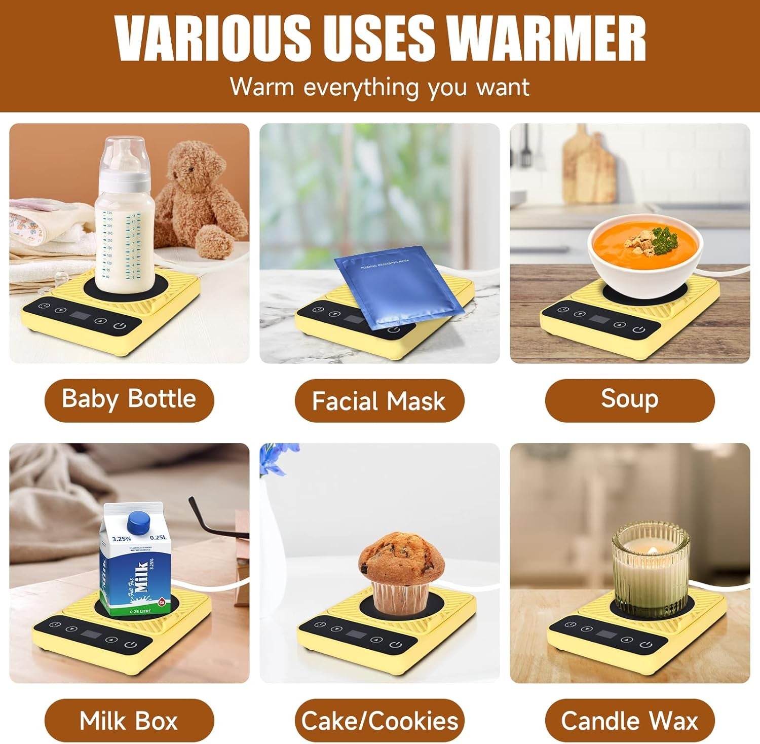 Yellow Electric Coffee Mug Warmer 6 Temp Timer Auto Off