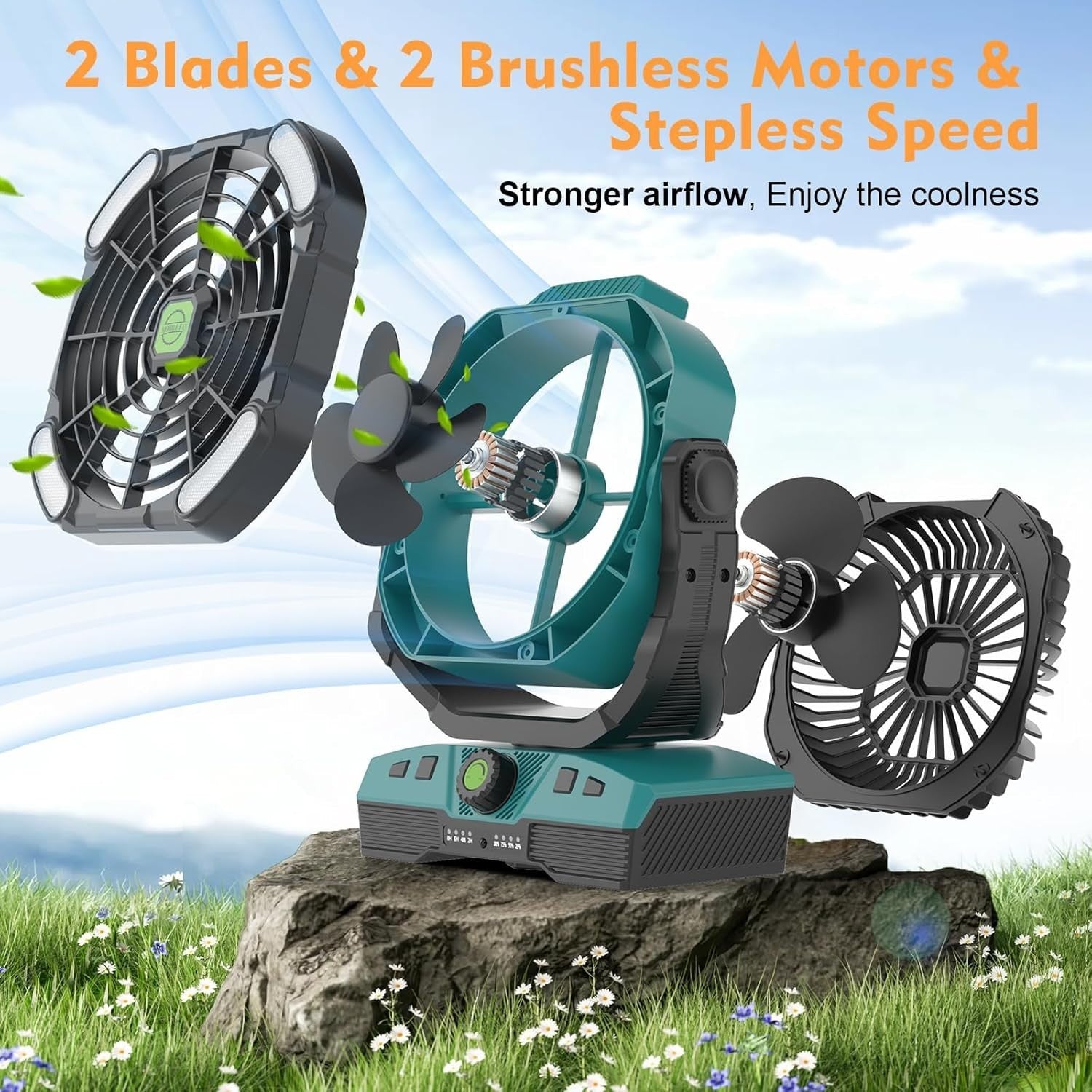 Cyan Camping Fan – 20000mAh Rechargeable w/ LED Light, RGB Ring & Remote Timer