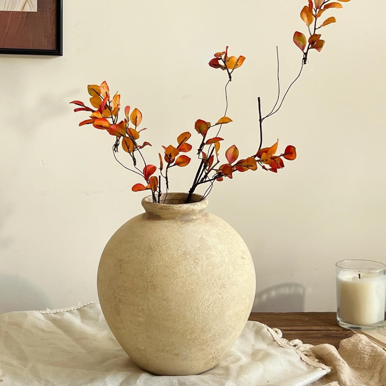 Beige Rustic Ceramic Vase 22cm Terracotta Table Centrepiece Home Decor
