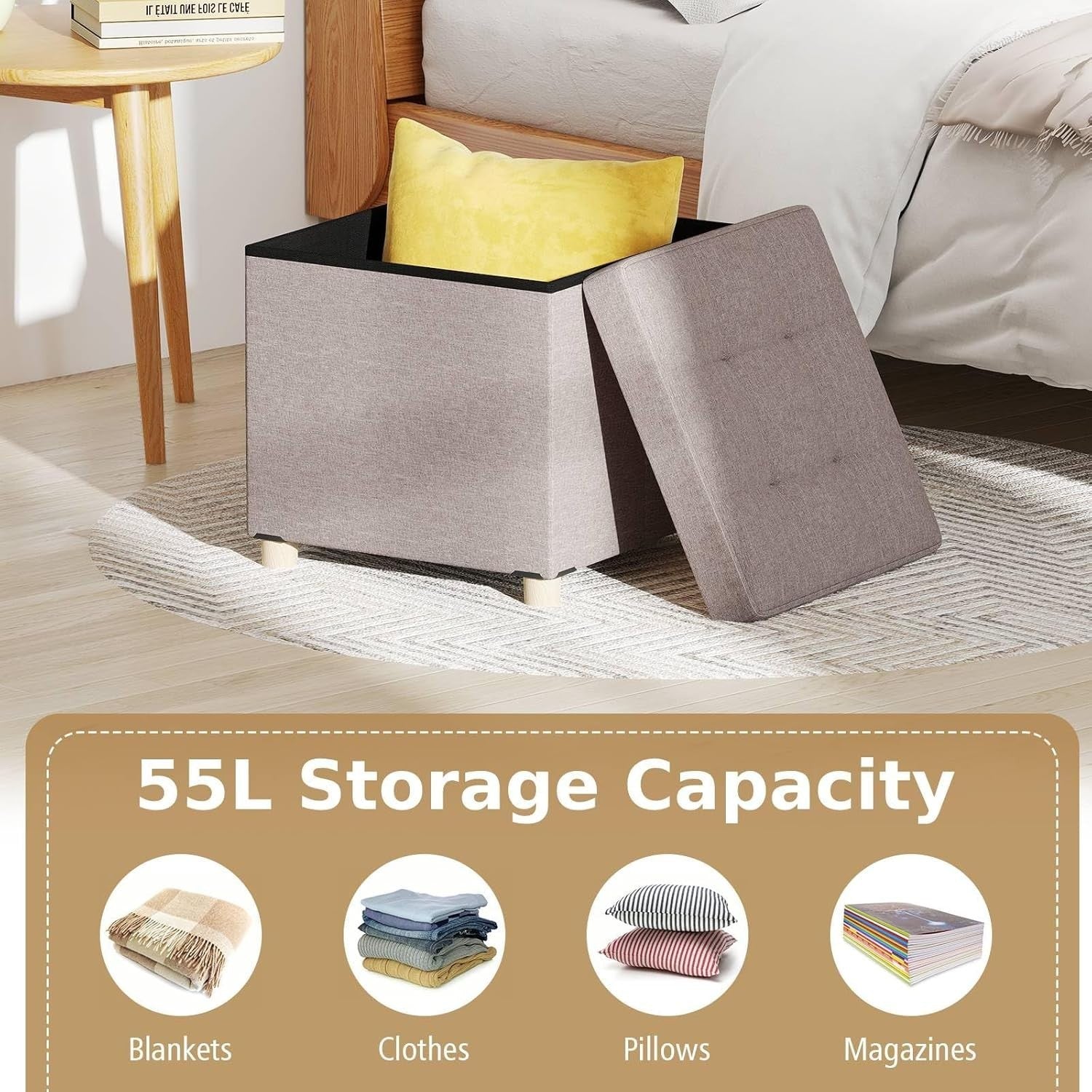 Beige Linen Storage Ottoman 45x45cm Folding Footstool Bench w/ Tray Lid & Legs
