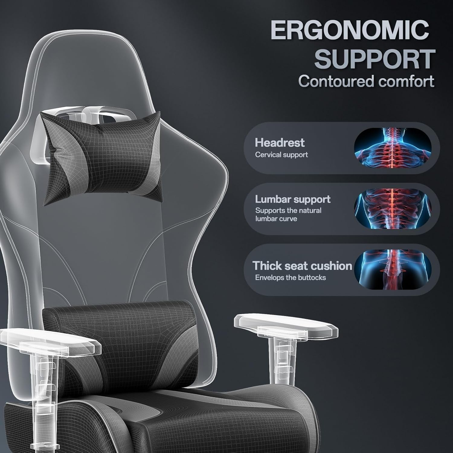 Ergonomic Gaming Chair w/ Footrest 2D Armrests PU Leather Grey