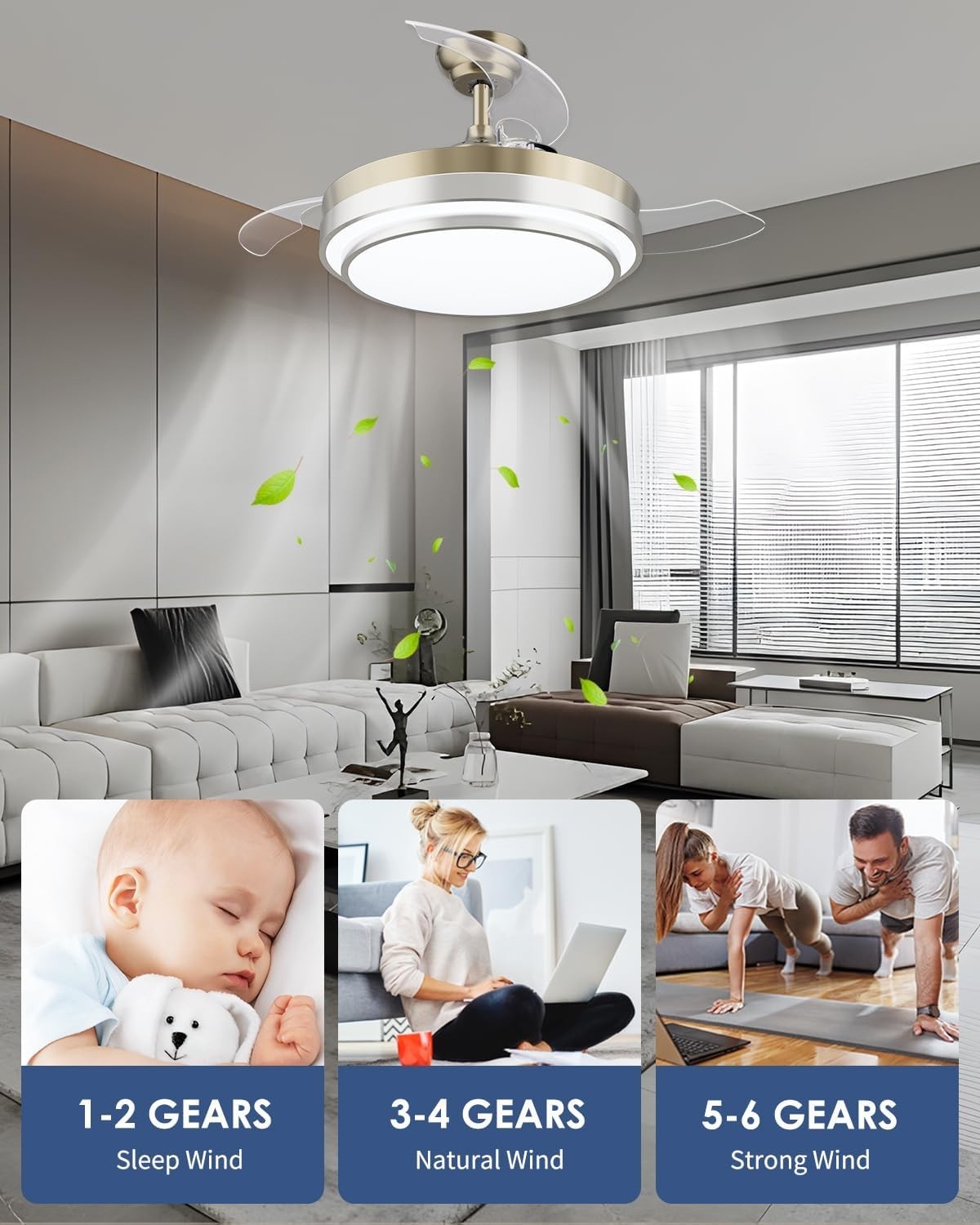 CJOY 42"" Ceiling Fan with Lights, Retractable Blades, 6 Speeds, LED, Remote