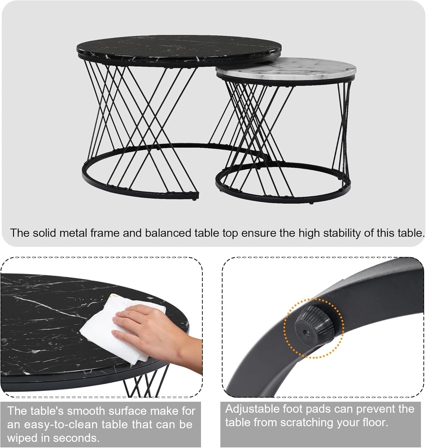 Space Saving Nesting Coffee Table Set Marble Look 2-in-1 Side End Tables