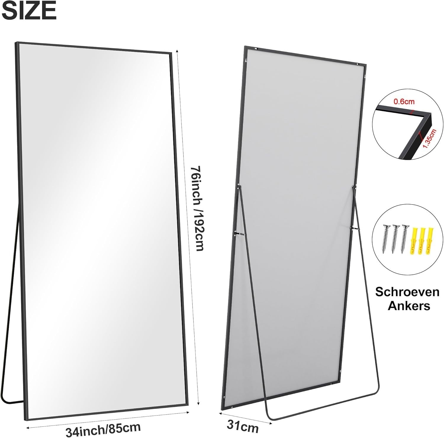 Full Length Mirror 192x85cm Wall Leaning Floor Mirror Black Metal Frame
