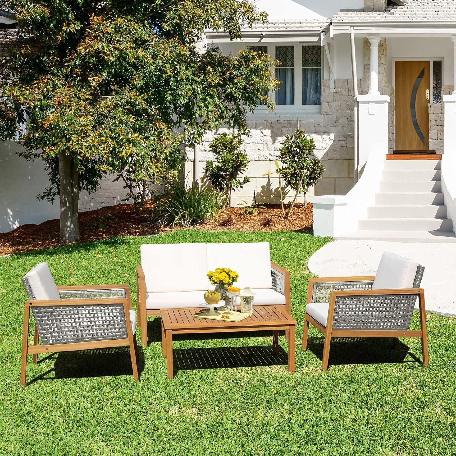 4PC Acacia Rattan Garden Sofa Set Outdoor Patio Seating w/ Table