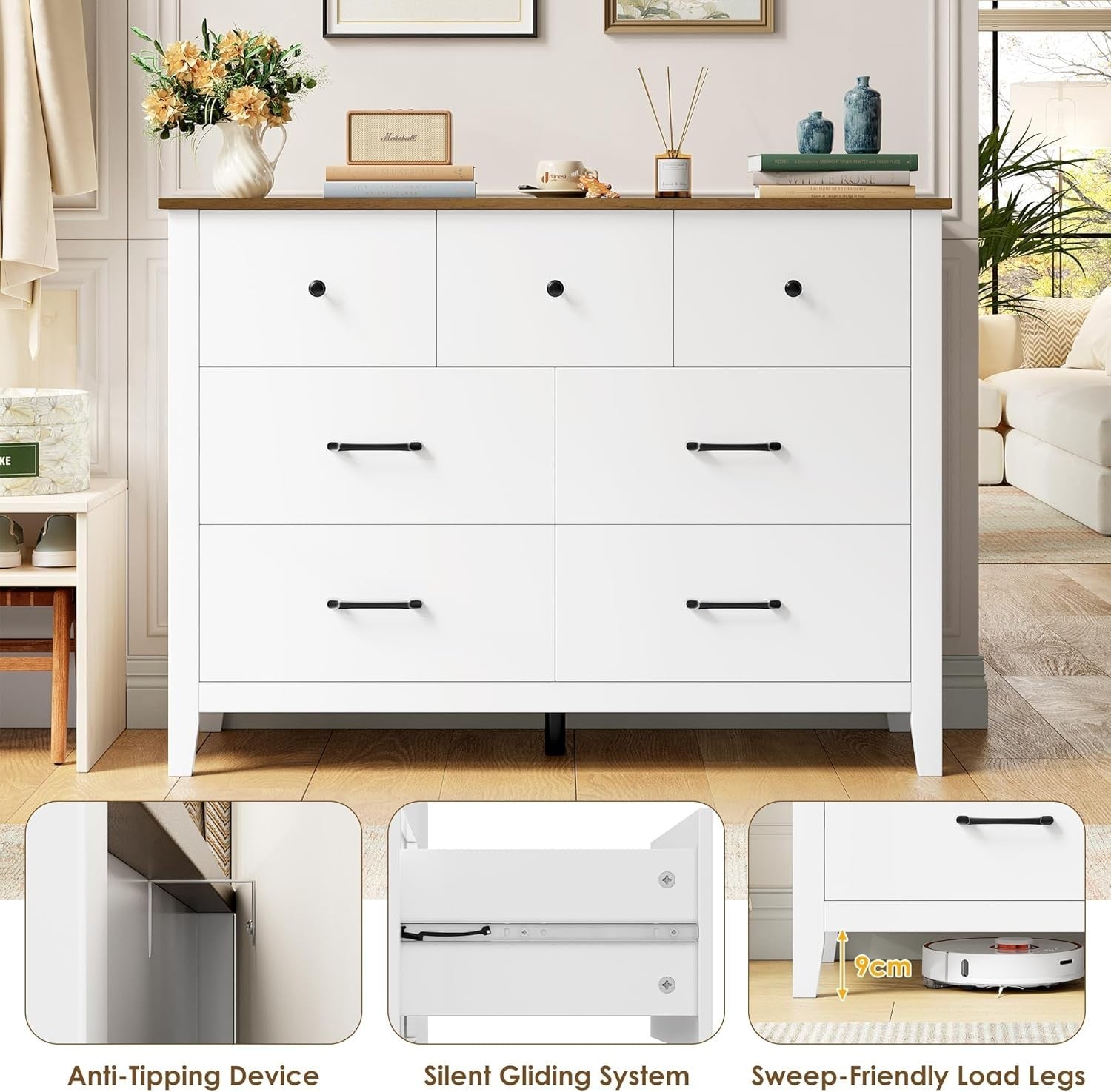White 7 Drawer Chest with Oak Top – Modern Storage Cabinet for Bedroom & Hall