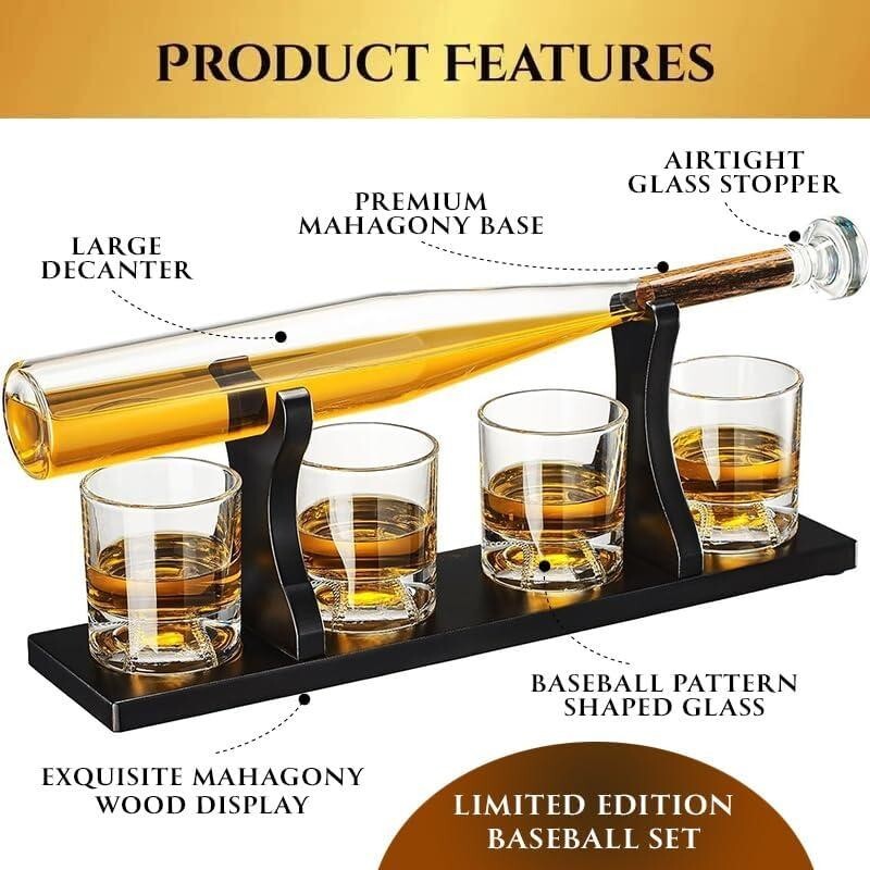Baseball Bat Whiskey Decanter Set with 4 Glasses – Unique Gift for Him