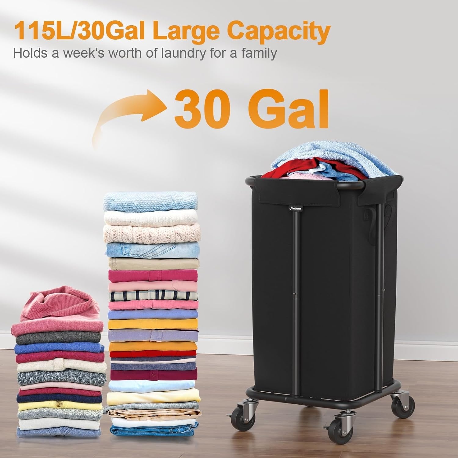 115L Rolling Laundry Hamper with Wheels Black Steel Frame Removable Washable Bag
