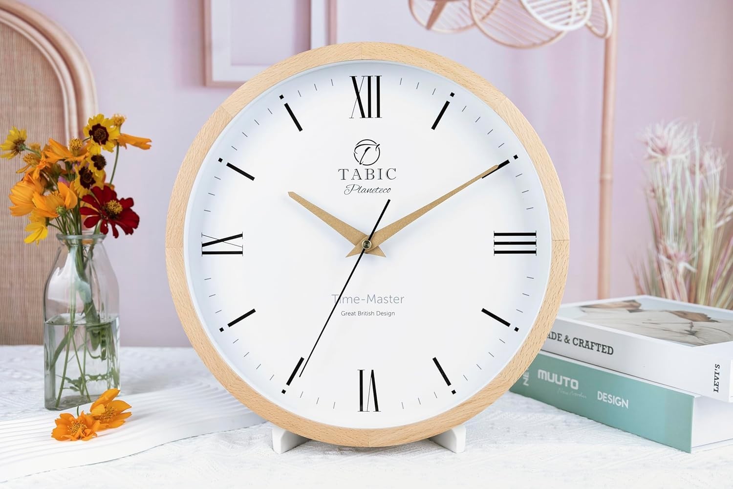 Silent Wall Clock Roman Numerals Natural Wood Glass Face Large 30cm Decor