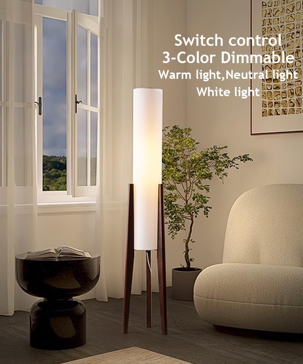 Wabi Sabi Wooden Tripod Floor Lamp Linen Shade Dimmable 50 Inch Tall Light