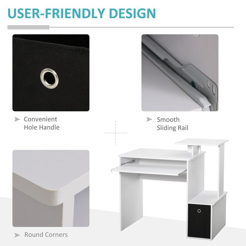 White Computer Desk w/ Keyboard Tray & Drawer Home Office Study Workstation