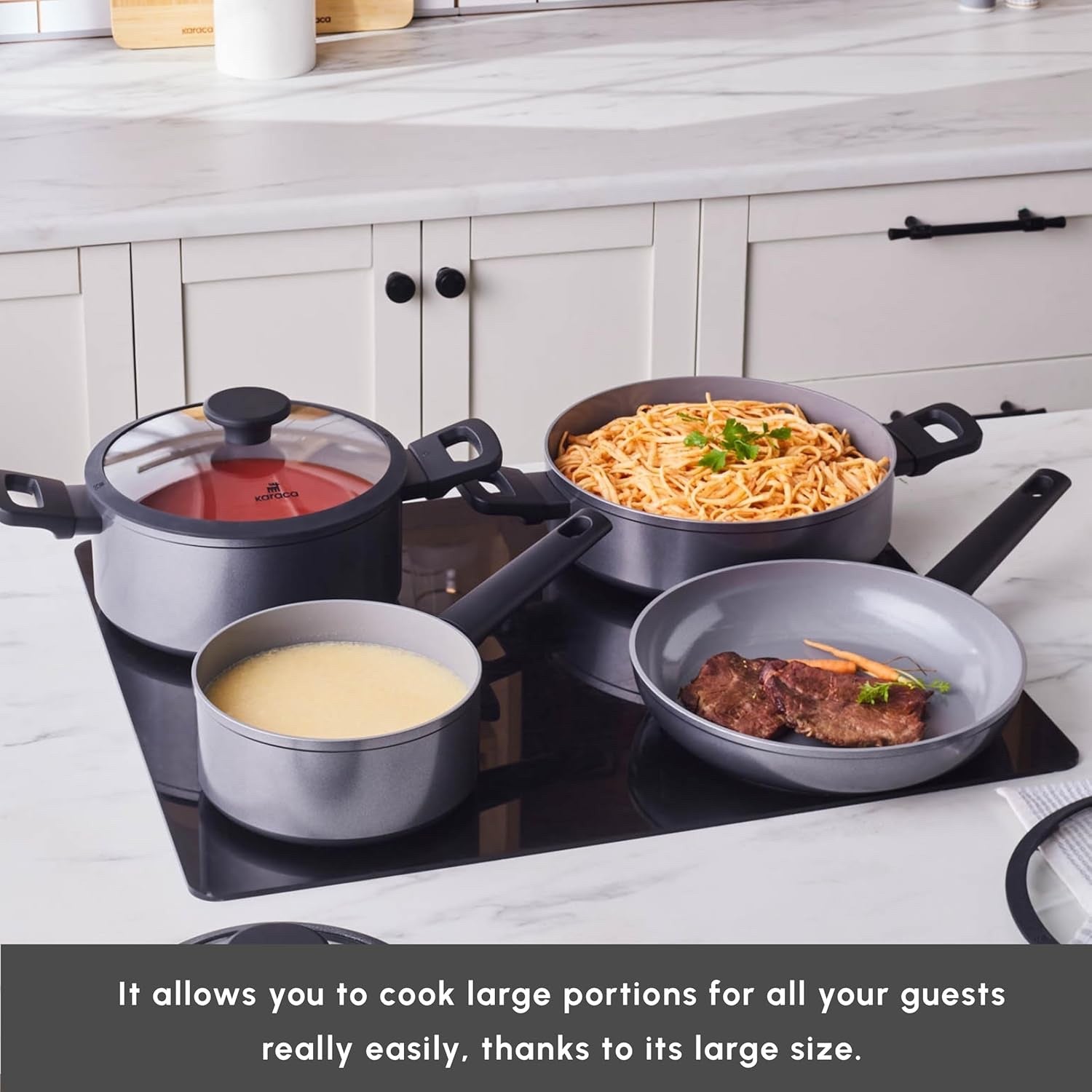 7pcs Grey Ceramic Non Stick Induction Cookware Set with Glass Lids