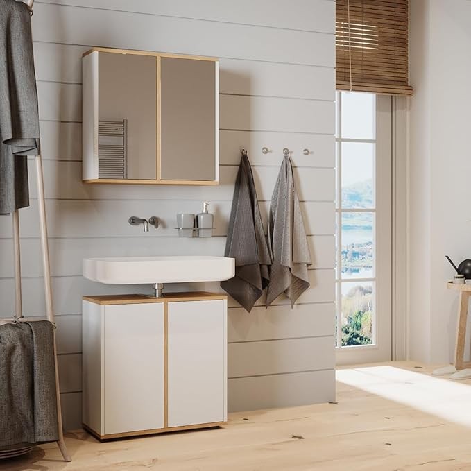 White Artisan Bathroom Sink Cabinet 60x62cm Modern Vanity Unit with Doors