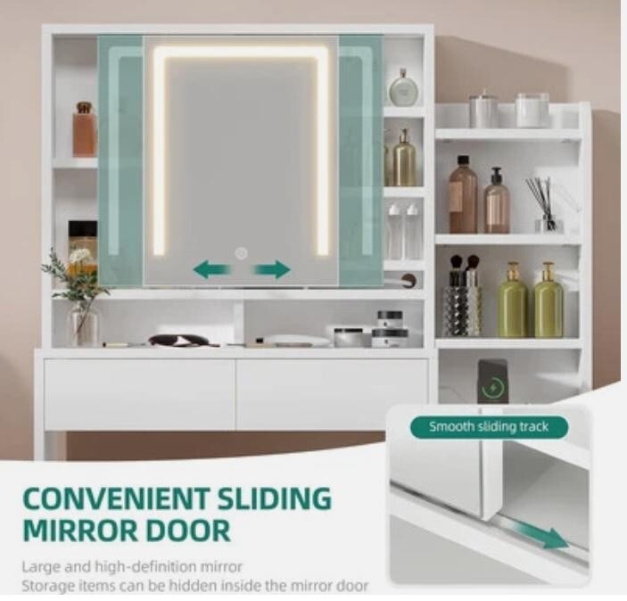 White Vanity Desk with LED Mirror & Stool – 5 Drawer Makeup Dressing Table