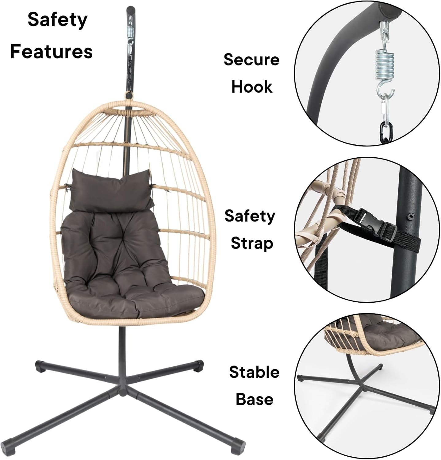 Rattan Hanging Egg Chair with Stand | Outdoor Swing Seat with Cushion