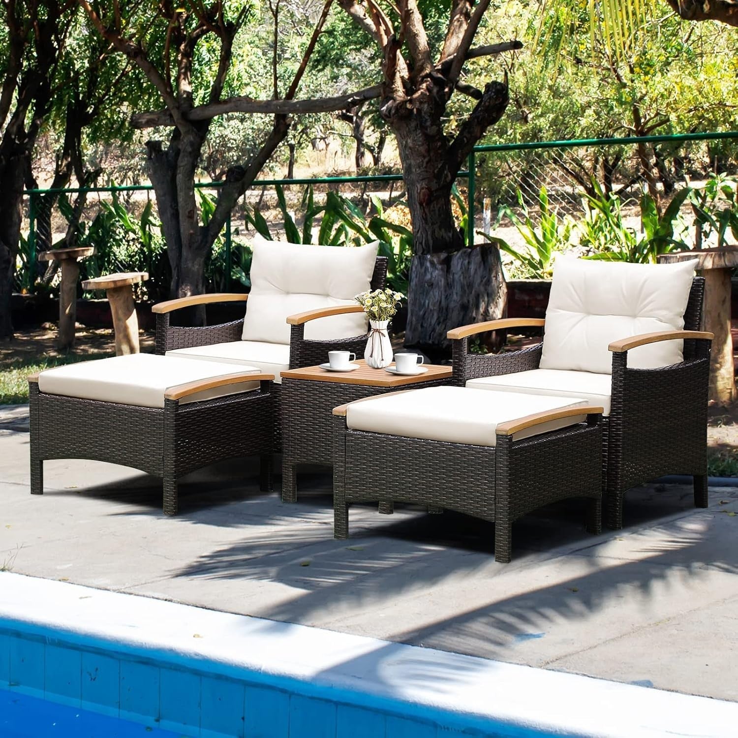 5PC Rattan Patio Furniture Set w/ Chairs Ottomans Table Cushions Garden