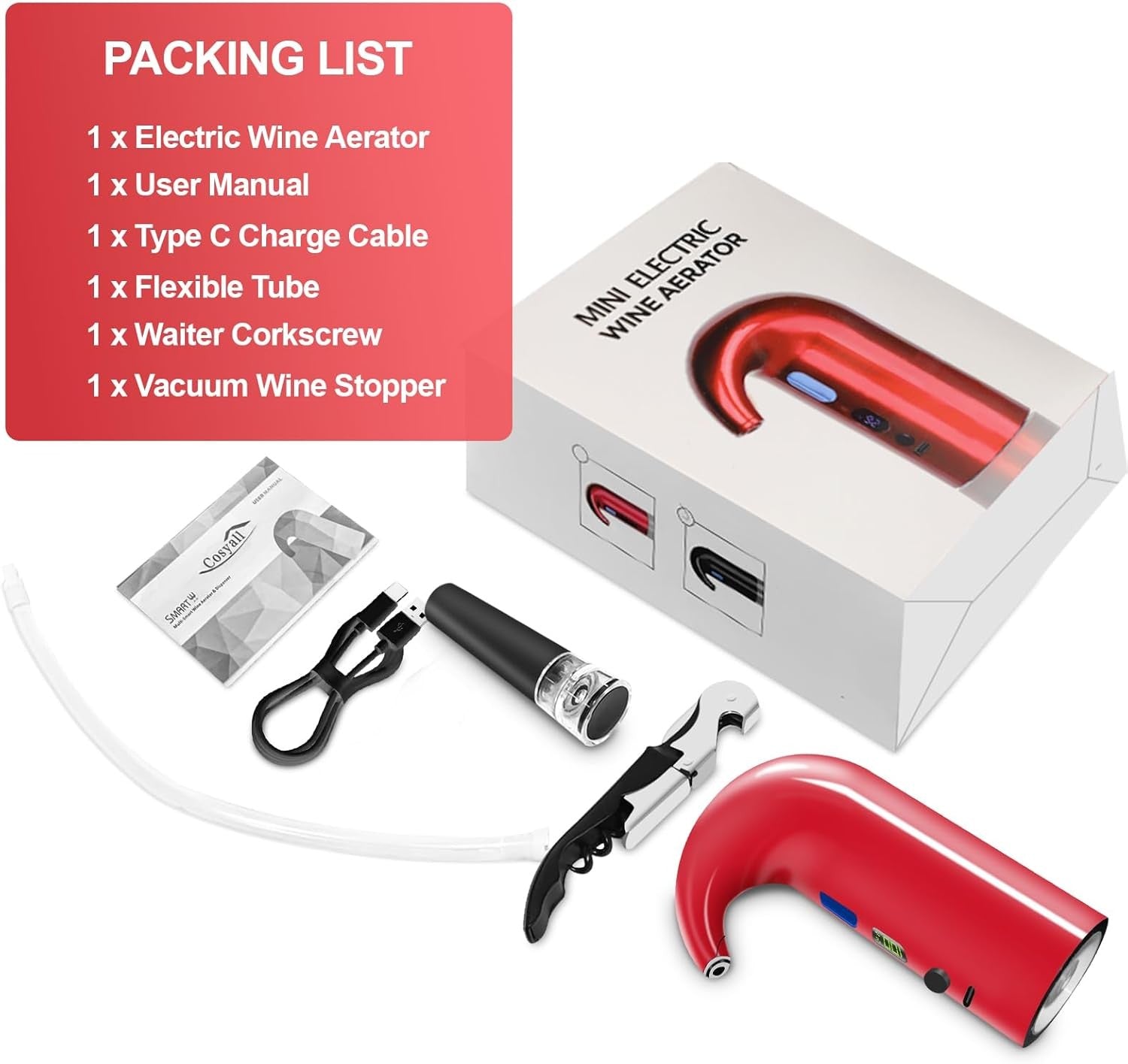 Electric Wine Aerator Dispenser Red Auto Pourer USB-C Rechargeable 750ml