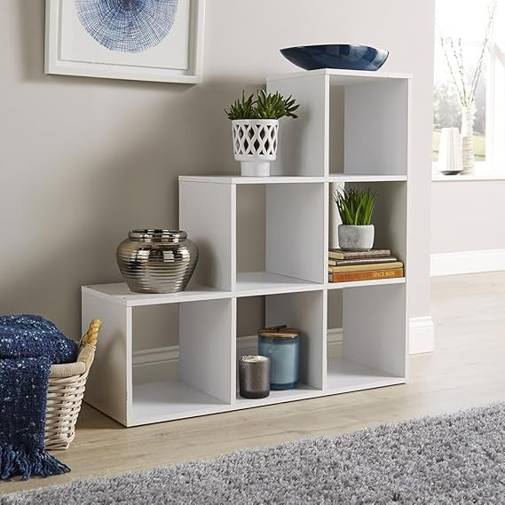 Modern Step Style 6 Cube Bookcase White Storage Shelving Unit for Home Office