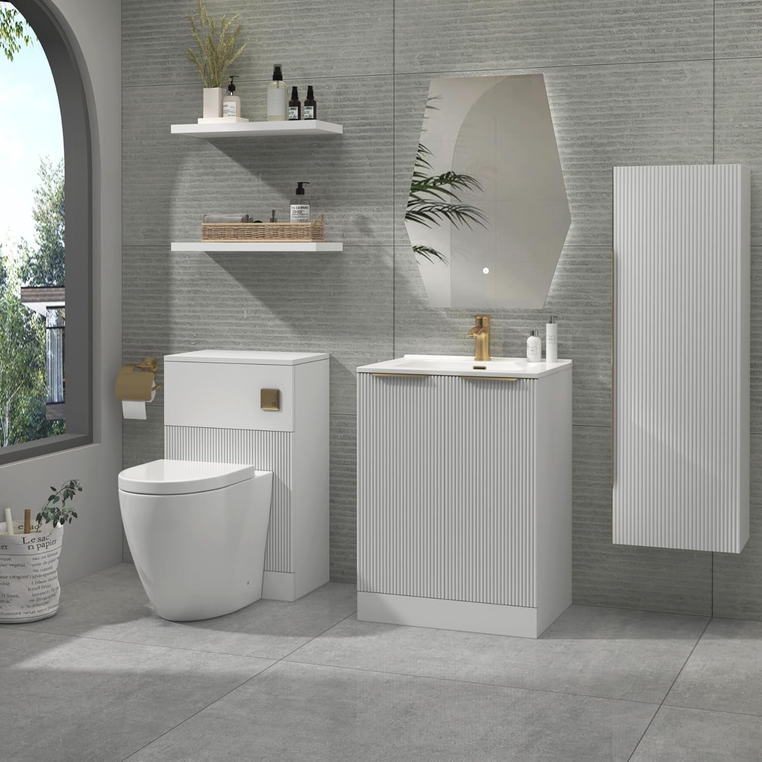 White 700mm Bathroom Vanity Unit with Basin & Brass Handles Floor Standing