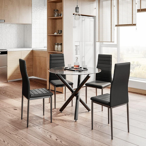 Round Glass Dining Table Set with 4 Black PU Chairs 90cm Modern