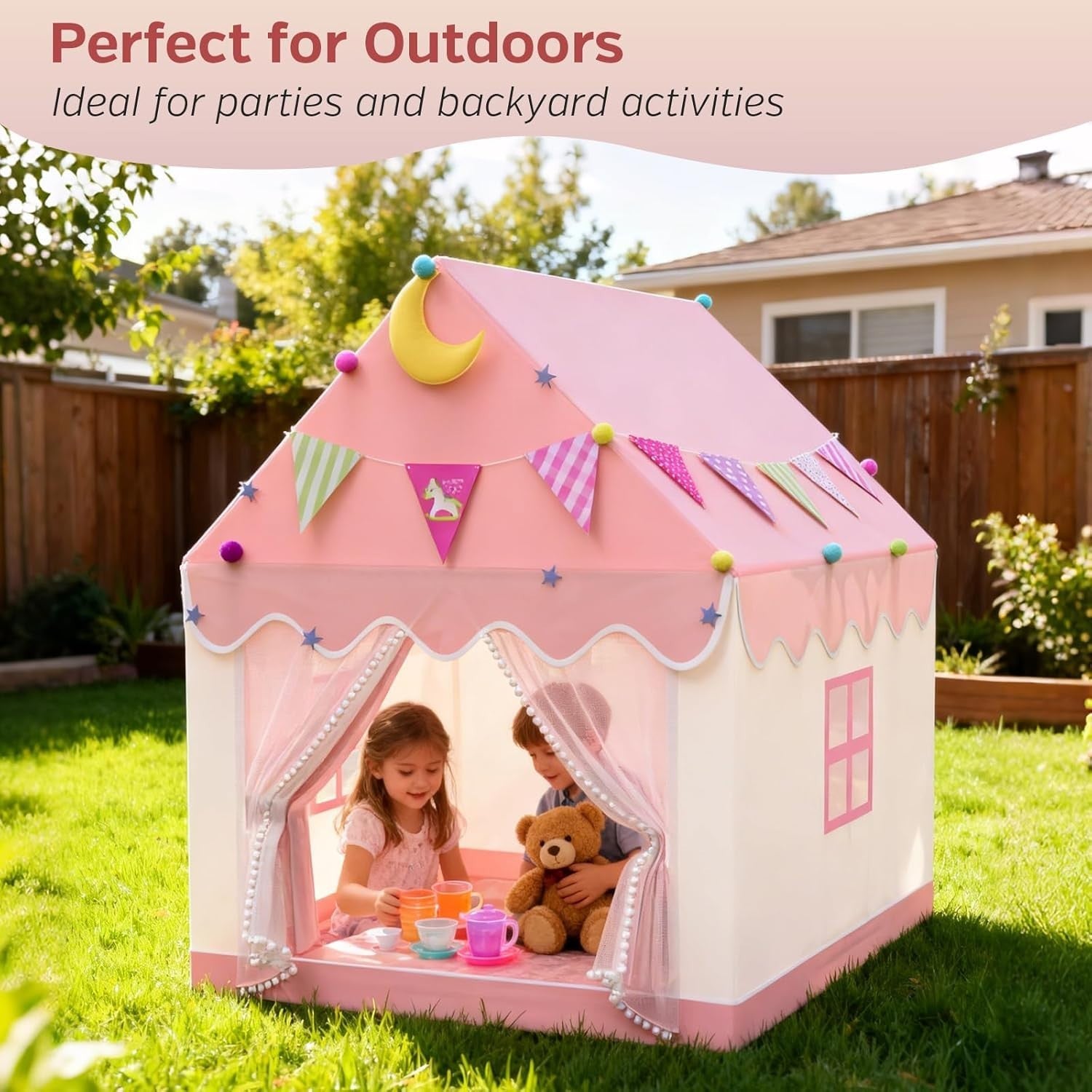 Large Kids Play Tent Indoor Outdoor w Star Lights Double Curtains