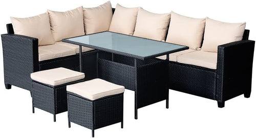 8-Seater Rattan Garden Sofa Set Black Wicker Beige Cushions Outdoor Patio