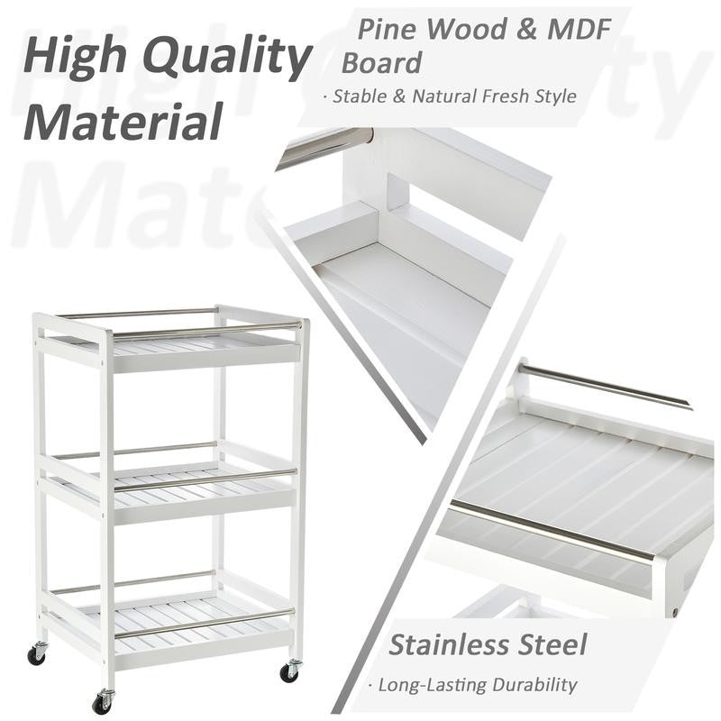 3-Tier Rolling Kitchen Trolley Cart with Steel Trays & Wheels – White
