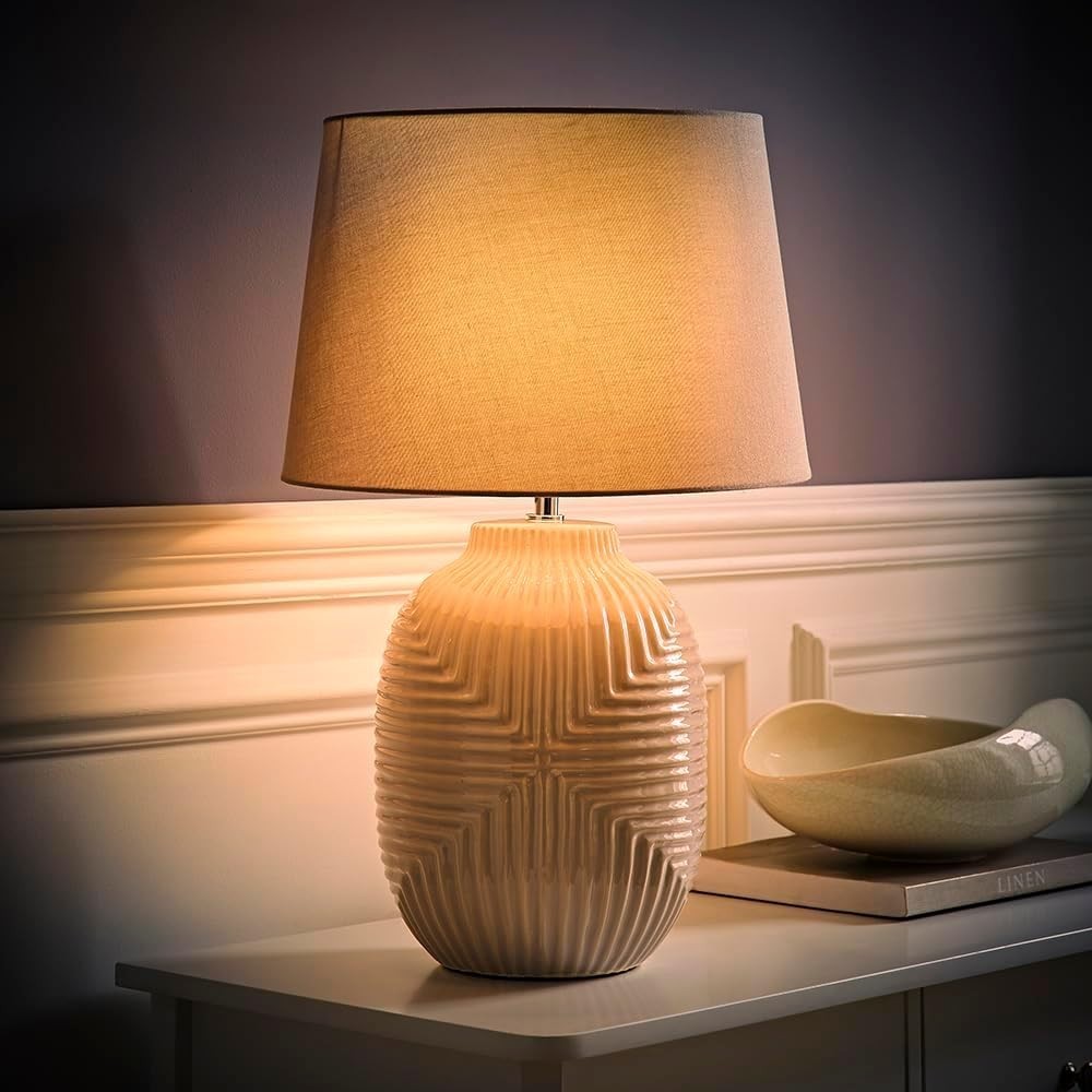 Large Grey Table Lamp Geometric Ribbed Glass Linen Shade 56cm