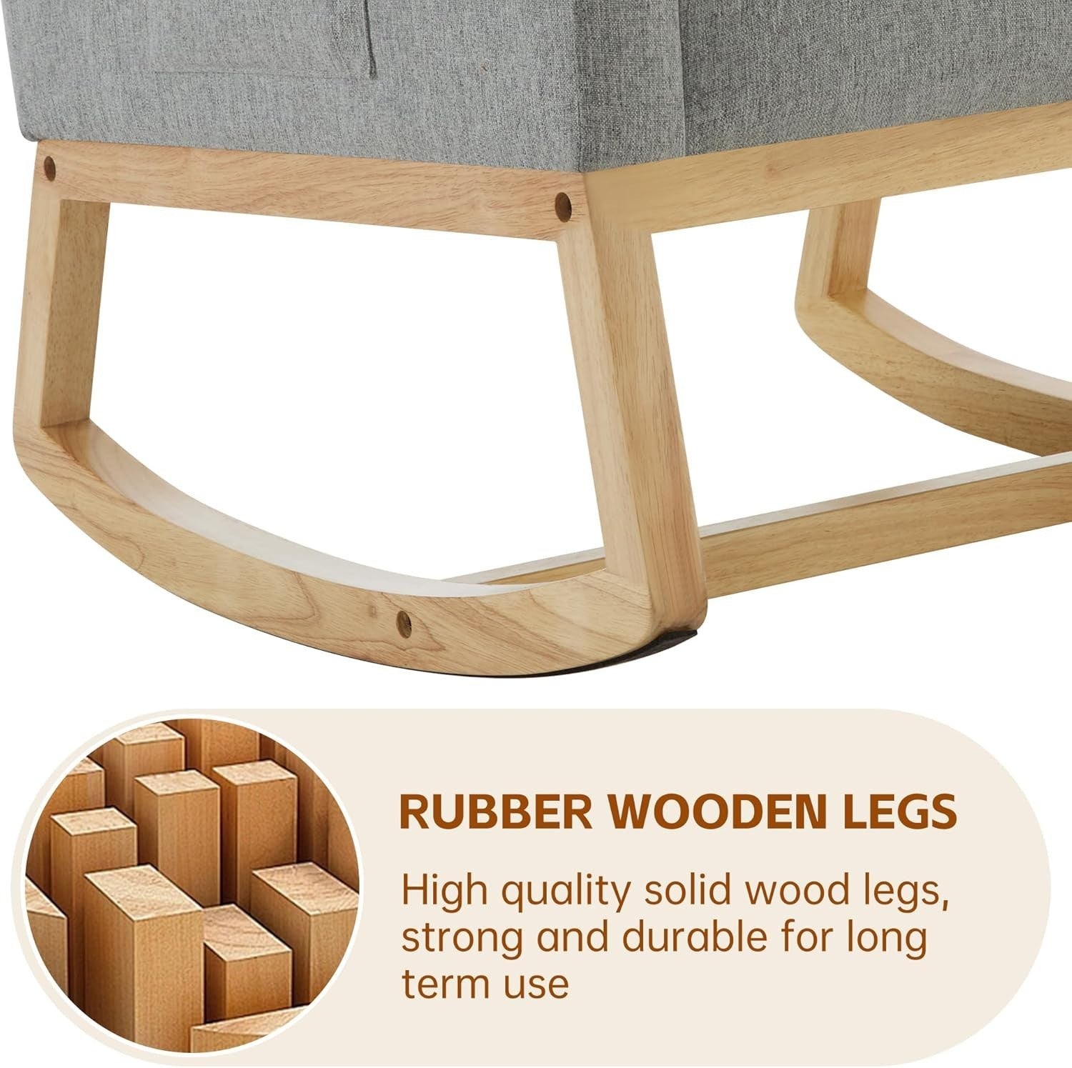Rocking Chair High Back Linen Armchair with Pockets for Nursery Bedroom