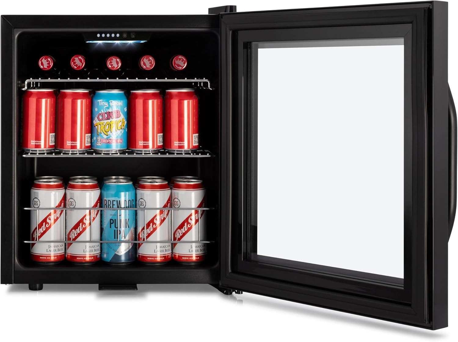 Mini Fridge 50L Compact Glass Door Drinks Cooler LED Touch Control Black