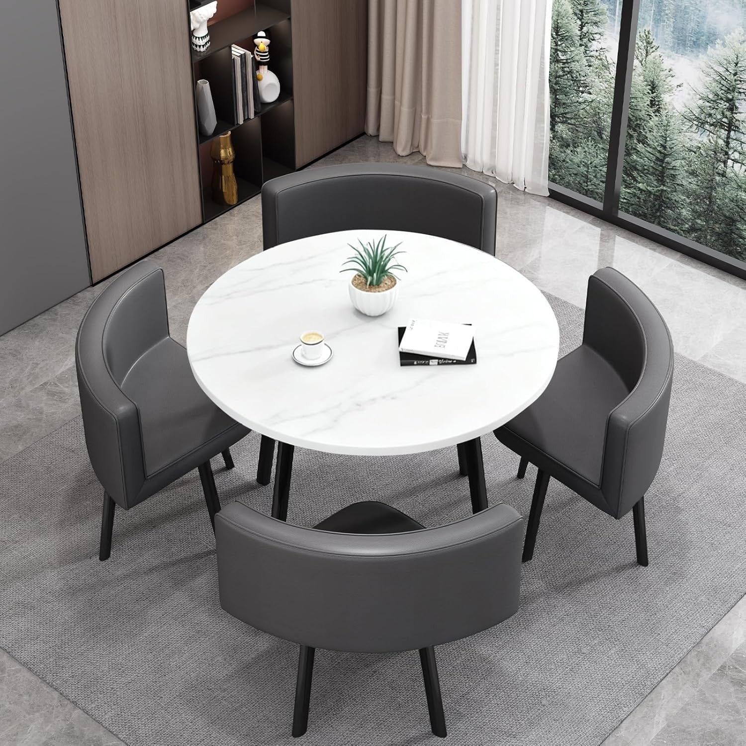 Modern White 35.4" Dining Table Set w/ 4 Chairs – Space-Saving Faux Marble