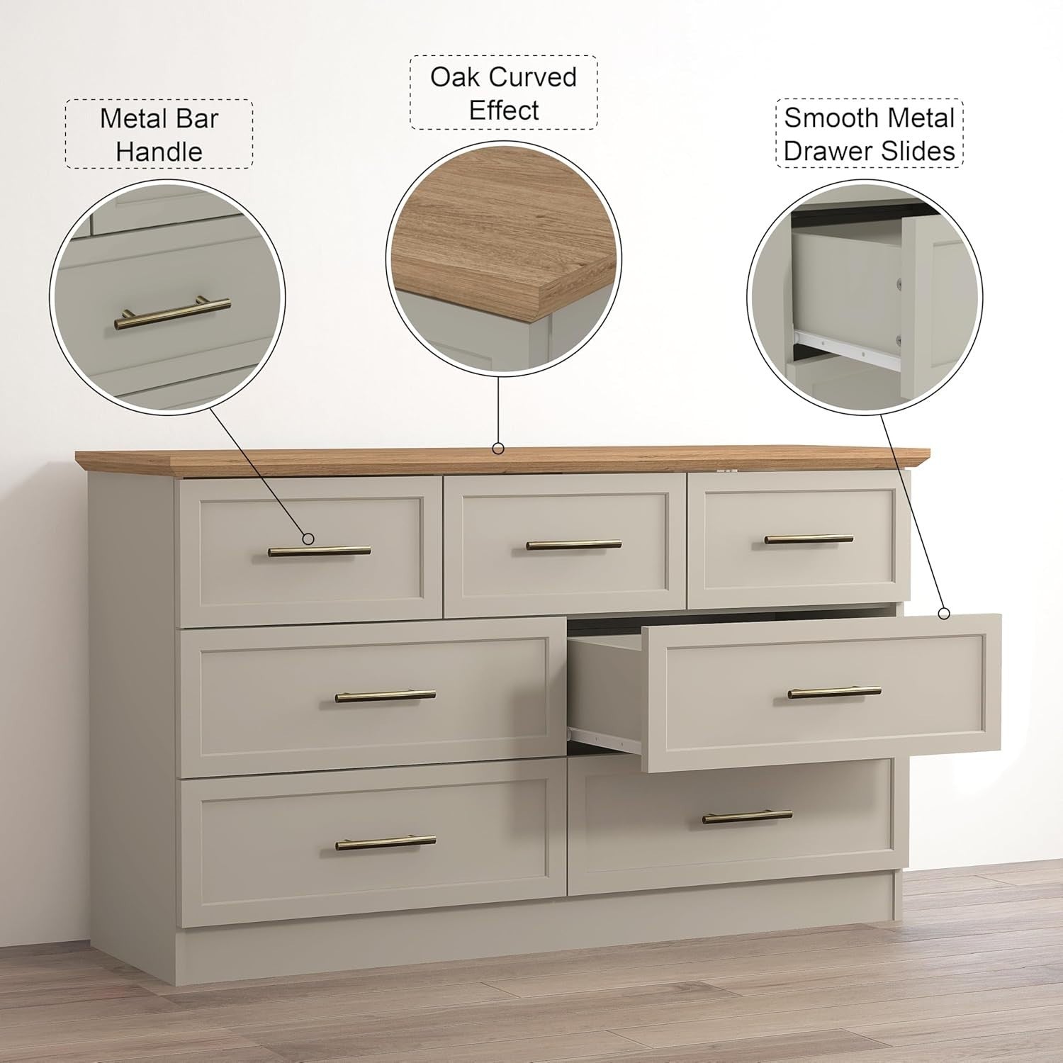 7-Drawer Storage Chest for Bedroom, Entryway & Living Room – Light Grey/Oak
