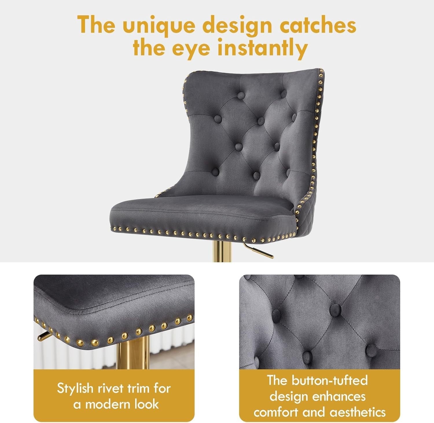 Velvet Bar Stools Set of 2 Dark Grey Gold Legs Adjustable Swivel Chairs