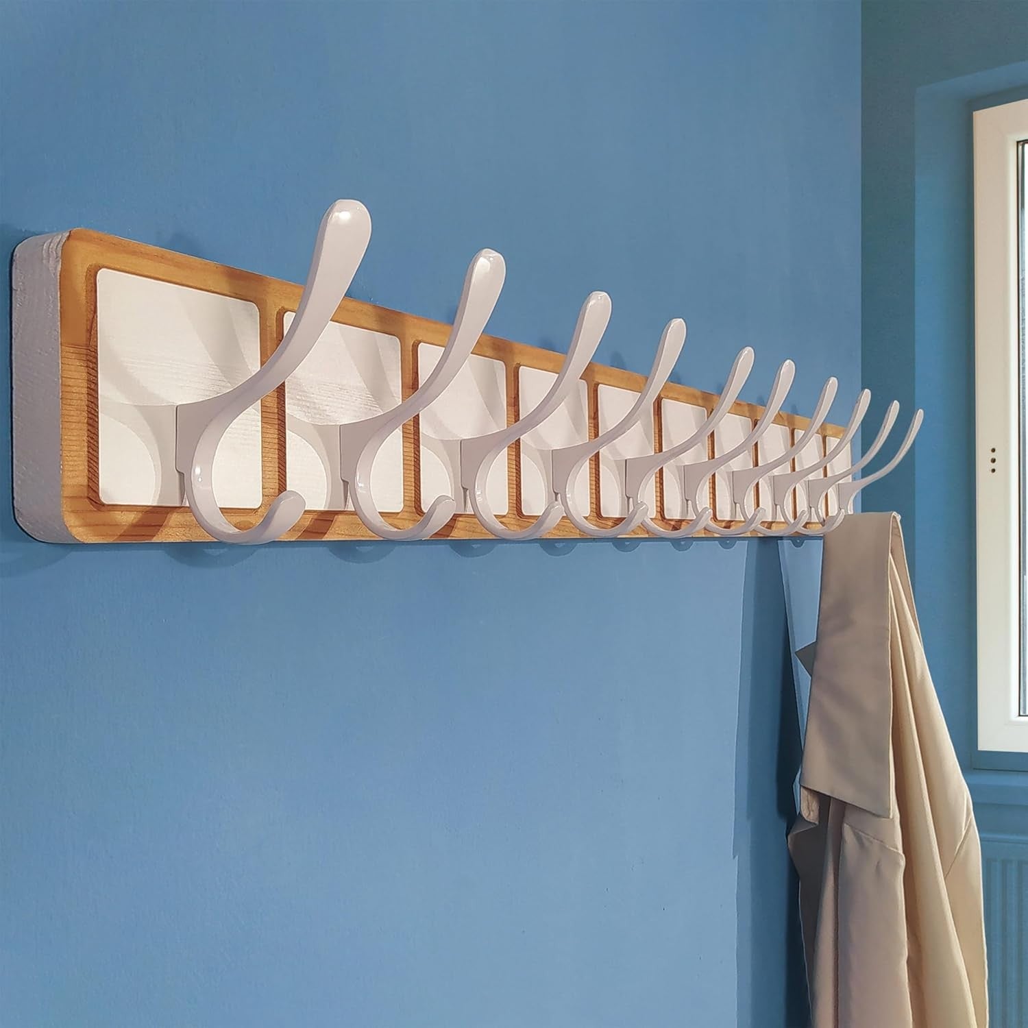 Scandi Wooden Wall Coat Rack | 10 Hook White & Natural Hanger Rail