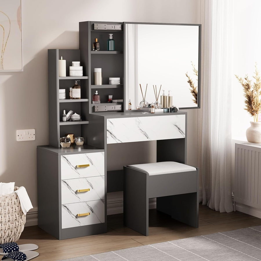Vanity Makeup Dressing Table Mirror Hidden Storage 4 Drawer Dark Grey White