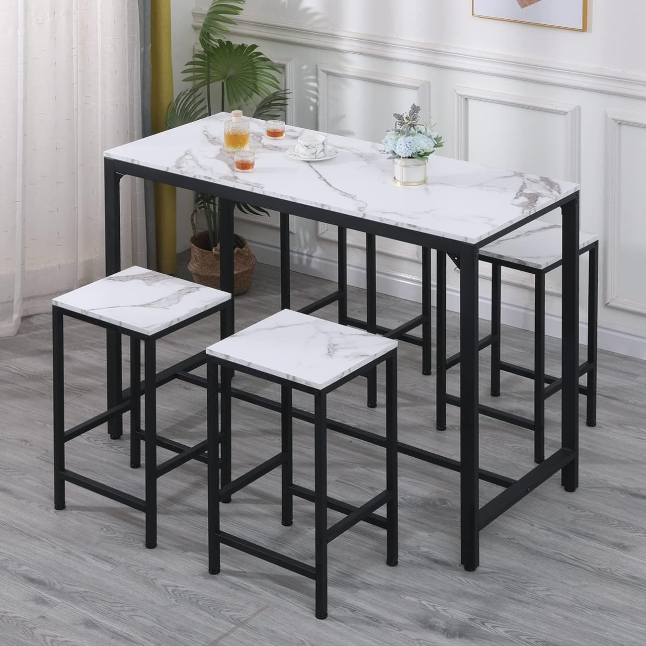 5Pcs Bar Table Set with 4 Stools White Marble Top Dining Kitchen Unit Furniture
