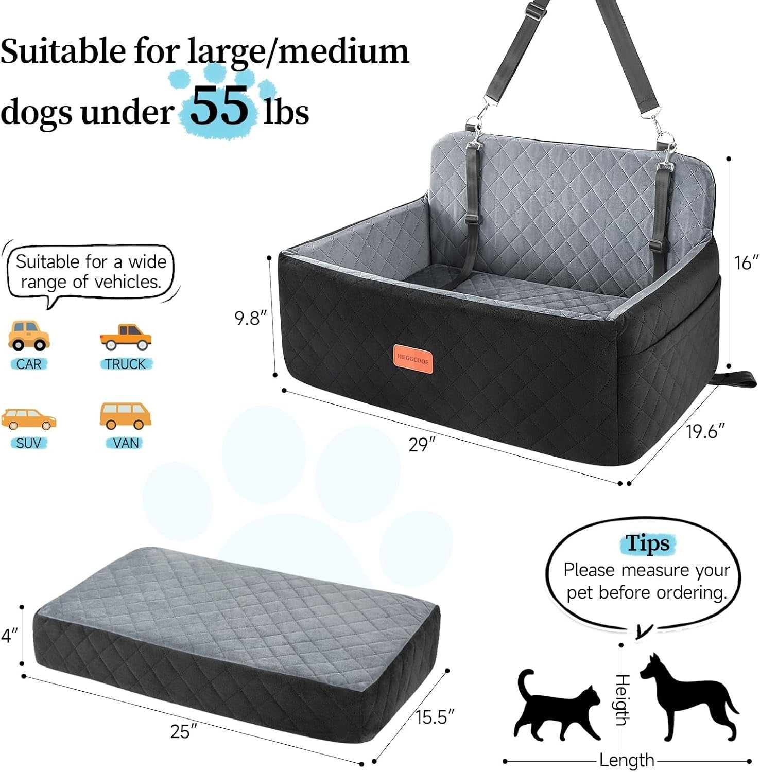 Large Dog Booster Car Seat Washable Travel Bed 55lb Black Grey