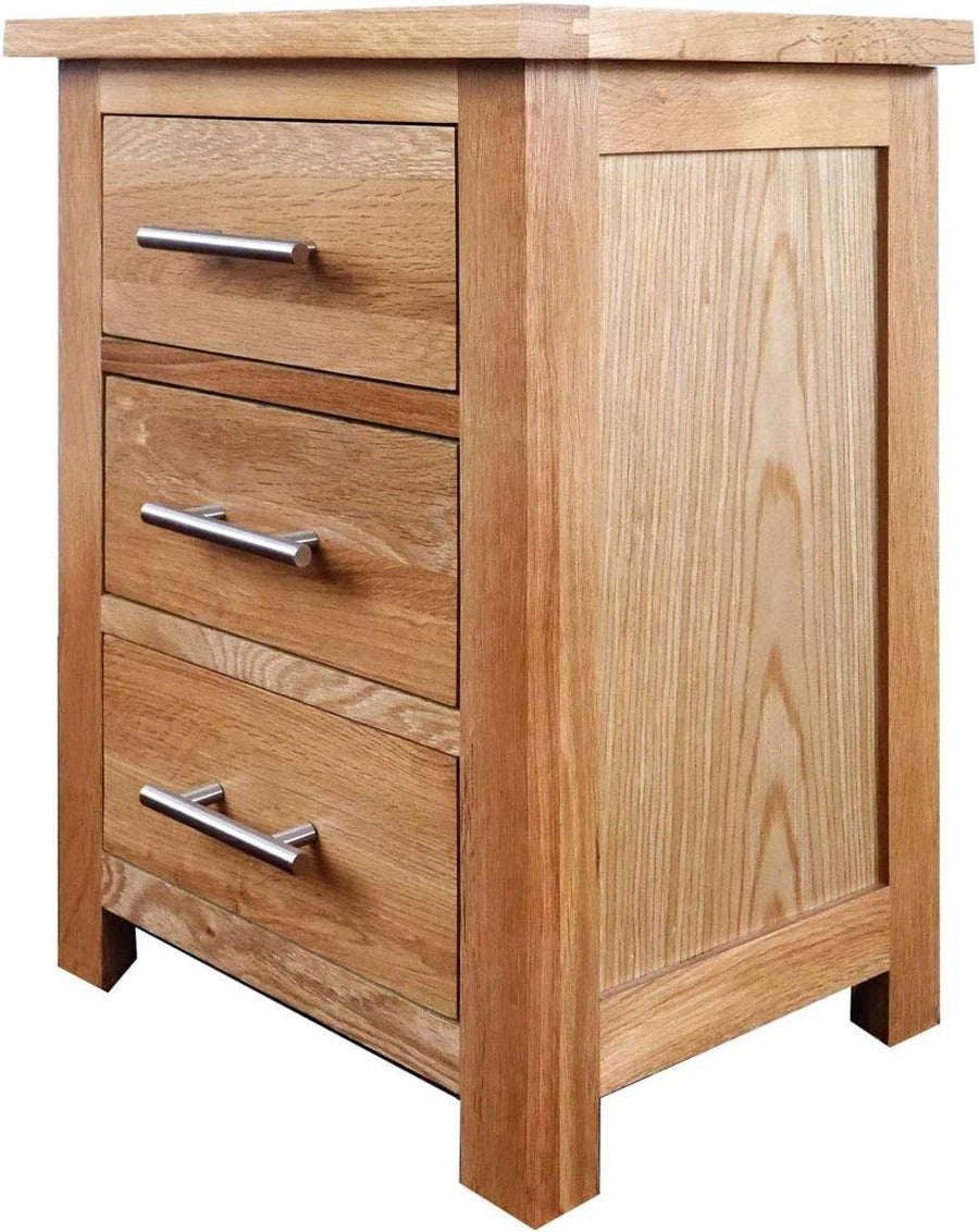 Solid Oak Wood Bedside Table with 3 Drawers, Light Oak Finish 56x42x32cm