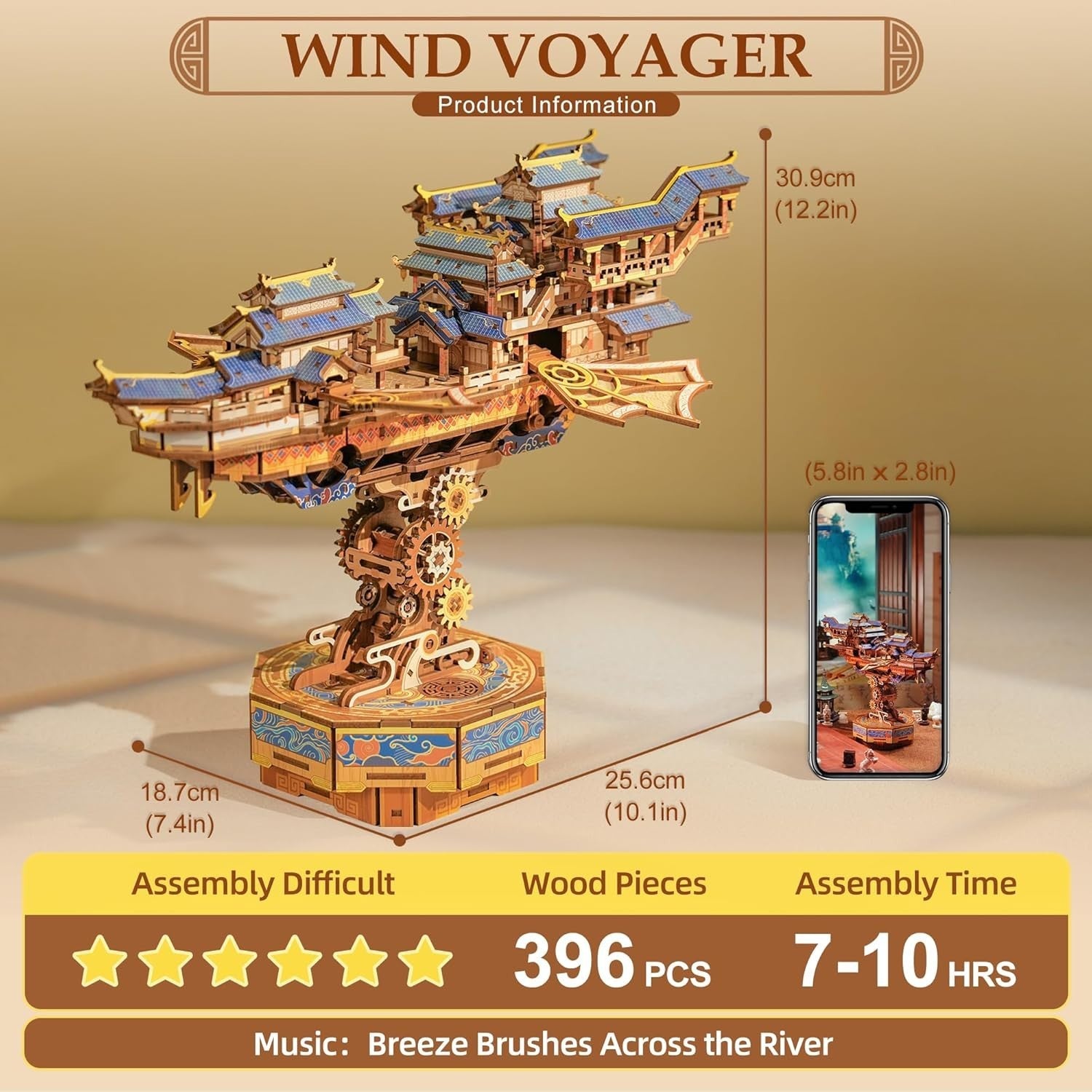 3D Wooden Airship Puzzle Kit Moving Wings Music Box Model Decor