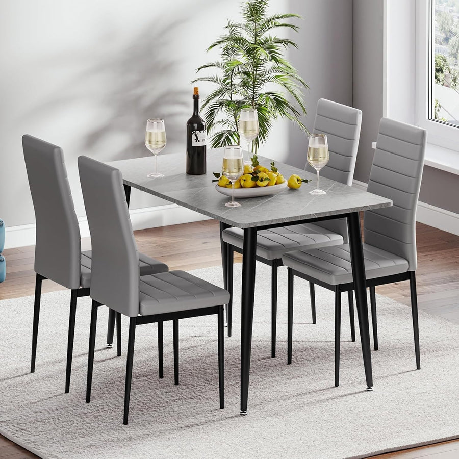 120CM Marble Effect Dining Table Set with 4 High Back Faux Leather Chairs