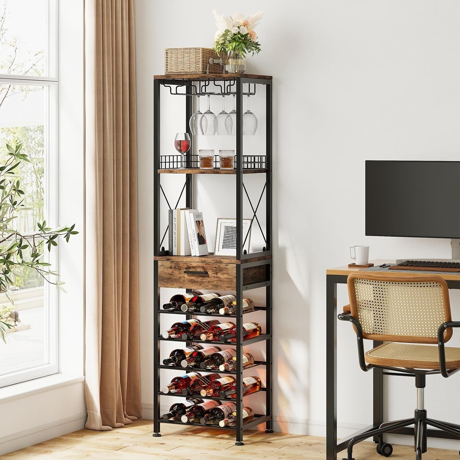Tall Wine Rack Shelf with 20 Bottle Storage & Glass Holder Industrial Bar Unit