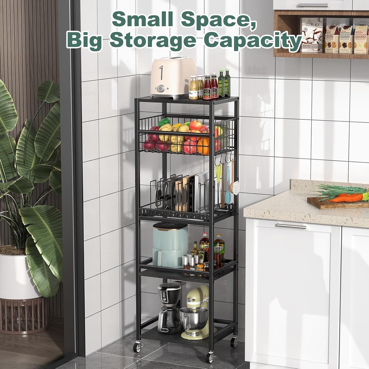 5 Tier Kitchen Rolling Cart Storage Rack with Fruit Basket & Wooden Top